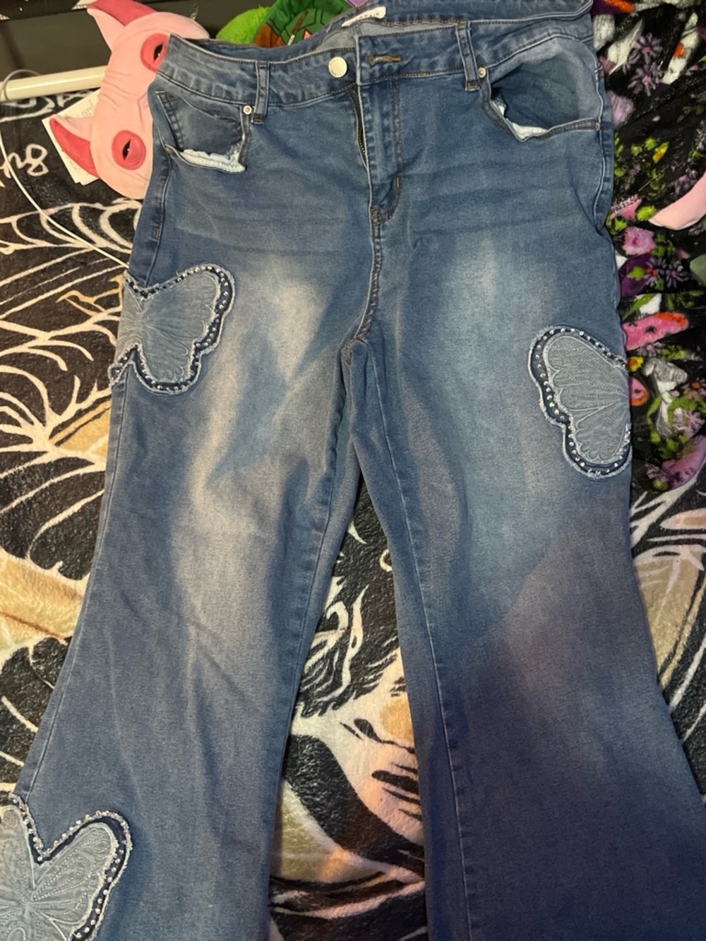 Women's Blue Flare Jeans with Butterfly Patch Detail